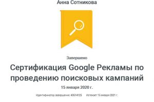 Сертификат по Google Ads Сотниковой Анны