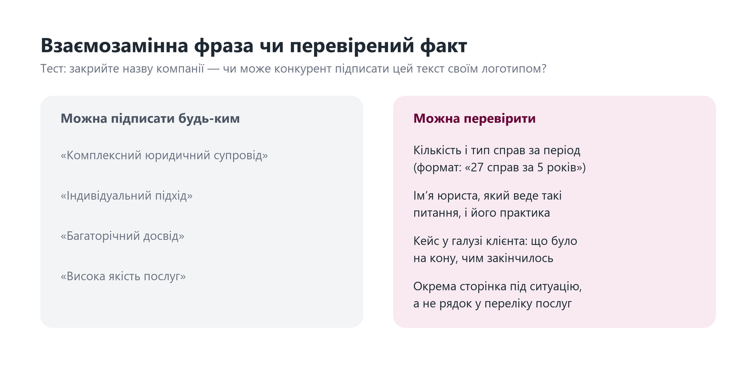 Взаємозамінні фрази та перевірені факти на сайті юридичної компанії